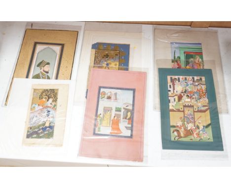 Indian mughal style, Figural studies, portraits and horse racing scene, mounted, seven watercolours, unframed, largest 25 x 1