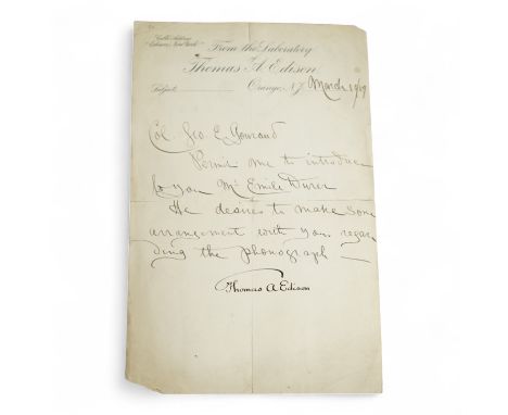 A handwritten letter signed by Thomas Edison on headed notepaper ‘ From the Laboratory of Thomas A. Edison, Orange, N.J., wit