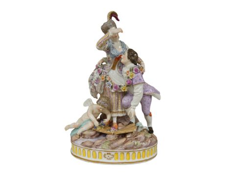 A late 19th century Meissen style group, The Broken Bridge, with cherubs, 24cm high