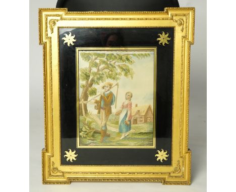 An early 20th silk embroidery of a boy and a girl in a country landscape by a tree and cottage. Worked in stem stitch with pa
