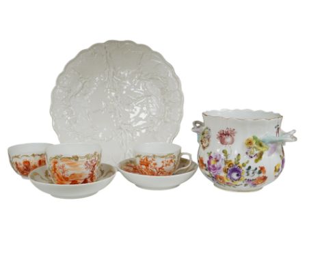 A 19th century Berlin part teaset, painted en camaieu in iron red, a Meissen vineous moulded dish and a Potschappel cache pot