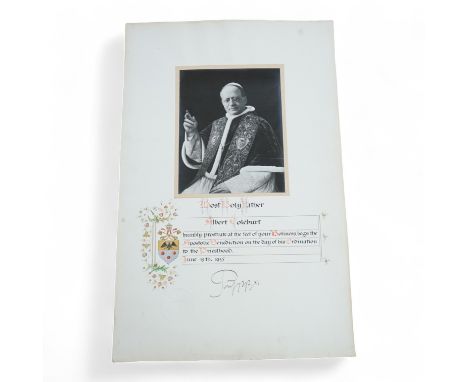 An autographed photograph of Pope Pius XI, on the celebration of the ordination of Albert Coleburt, priested on June 15th, 19