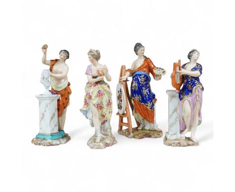 A set of four French Derby style porcelain figures, emblematic of art, sculpture, music and theatre, tallest art 22.5cm high