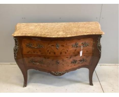 A Louis XVI style marquetry inlaid gilt metal mounted marble topped bombe commode, width 122cm, depth 51cm, height 86cm