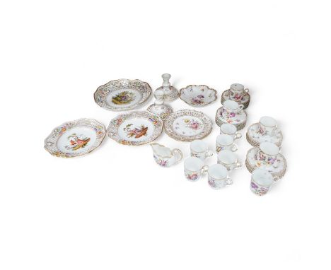 A Dresden porcelain part tea set together with reticulated side plates, largest 26cm in diameter