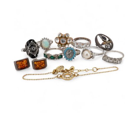 Assorted jewellery including a 925, black onyx and marcasite set Art Deco style ring, three other 925 rings, a pair of 925 am