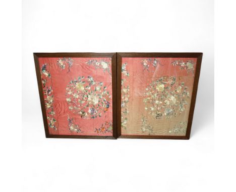 A pair of framed early 20th century Chinese silk embroideries, probably panels cut from a larger embroidery or bed cover. Emb