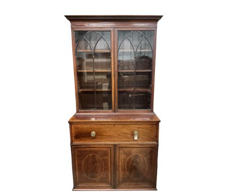 A George IV satinwood banded mahogany secretaire bookcase, width 104cm, depth 54cm, height 212cm