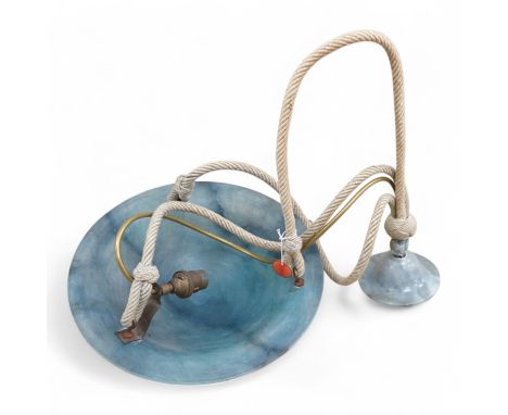 An Art Deco blue alabaster plafonnier with cream cord, inscribed number, 30cm diameter
