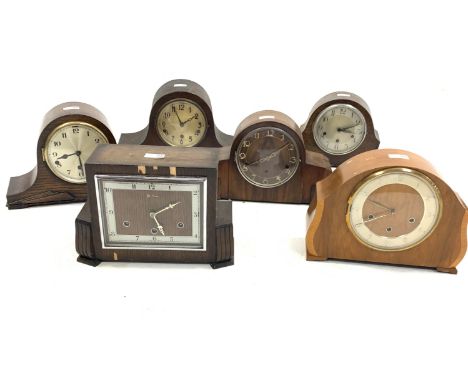 Early 20th century 'Bentimo' Art Deco mantle clock in oak veneered case, silvered chapter dial with Arabic numerals, Westmins