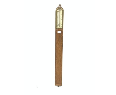 Early 20th century oak cased stick barometer and thermometer, by 'Bonser and co, Leeds,' with ivorine registers, H93cm - Cond