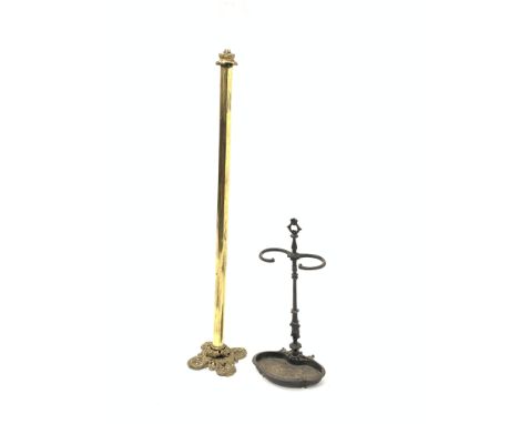 20th century brass standard lamp, with leaf moulded capitol and base, (H136cm) together with a Victorian cast iron stick stan