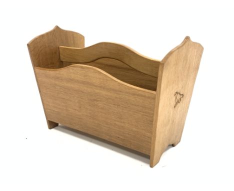 'Eagleman' oak magazine rack with two divisions and adzed and shaped panel end supports, W46cm, H33cm, D25cm - Condition Repo