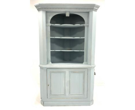 19th century oak floor standing corner cupboard, painted in egg shell blue, with dentil cornice over three shaped shelves enc