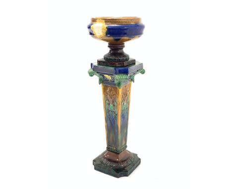 Victorian design ceramic jardini�re and stand, decorated with masks and scrolled foliage, H109cm  - Condition Report 