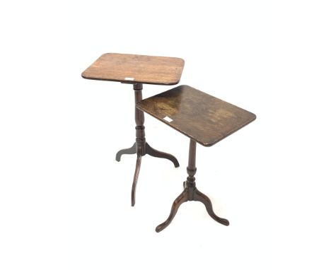 Georgian mahogany occasional table with rectagular top with rounded corners raised on turned pedestal and triple splay suppor