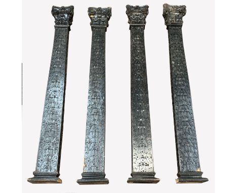 Set of four early 20th century oak architectural pillars, with acanthus leaf carved capitals over box section columns embelli