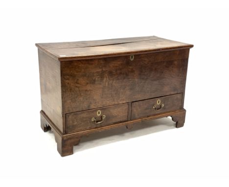 Late 19th century oak mule chest, the hinged lid over two drawers, raised on shaped bracket supports, W111cm - Condition Repo