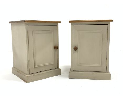 Pair of painted pine bedside cupboards, with panelled door enclosing single shelf, W40cm, H57cm, D40cm - Condition Report 