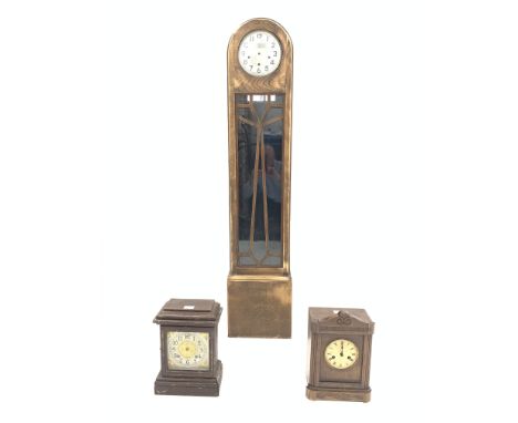Two oak cased bracket clocks, (W25cm) and part of an Art deco style oak veneered Grandmother clock, (H152cm) - Condition Repo