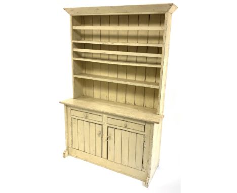 19th century painted pine dresser, with three height plate rack over two drawers and cupboard enclosing single shelf,  W133cm