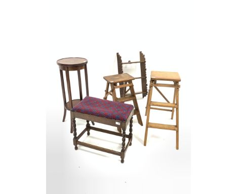Small beech folding two rung step ladder, (H69cm) another similar step ladder, (H52cm) an oak stool with upholstered seat pan