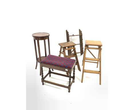 Small beech folding two rung step ladder, (H69cm) another similar step ladder, (H52cm) an oak stool with upholstered seat pan