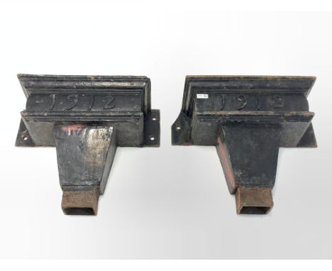 Pair of rectangular form cast iron hopper heads, dated 1912, W54cm - Condition Report 