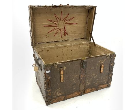 Early 20th century American steamer trunk, leather and metal bound, with scraps of old paper labels, W96cm - Condition Report