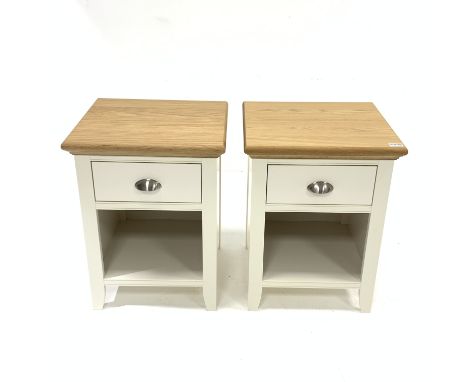 Pair of contemporary oak and cream finish bedside tables, each fitted with drawer and open shelf, W47cm, H61cm, D43cm - Condi