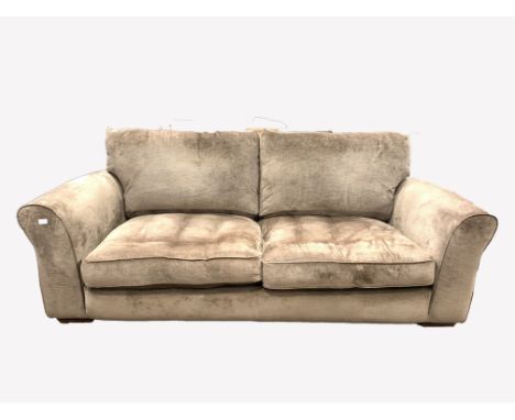 Contemporary three seat sofa, upholstered in brown chenille fabric, with squab cushions, raised on block supports, W230cm, H9