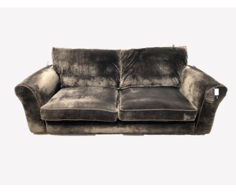 Contemporary three seat sofa, upholstered in brown crushed velvet, with squab cushions, raised on block supports, W230cm - Co