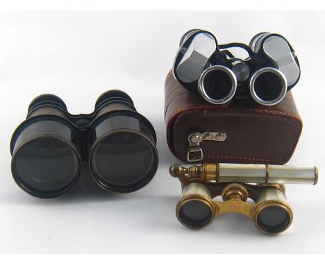 A pair of Asahi Pentax wide angle 6x25 binoculars in case, a pair of m.o.p. opera glasses by Chevalier, Paris, and  a pair of
