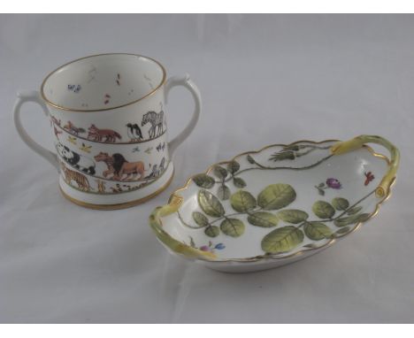 A Royal Worcester two handled pin dish with raised bramble design, the base marked “Royal Worcester Bone China. The Blind Ear