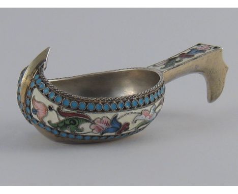 A small Russian silver kovsh with cloisonne enamel floral decoration, marks obscured by matted surface, later French import m