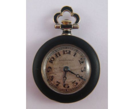 A fine Swiss hallmarked 18 carat white gold and black enamel pendant watch, 18 jewel movement and dial signed Longines, case 