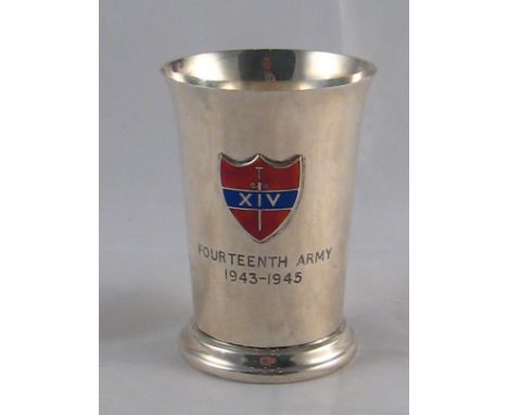 A silver beaker with the crest of the American Fourteenth Army, the base marked 28/1500, presumably a limited edition, hallma