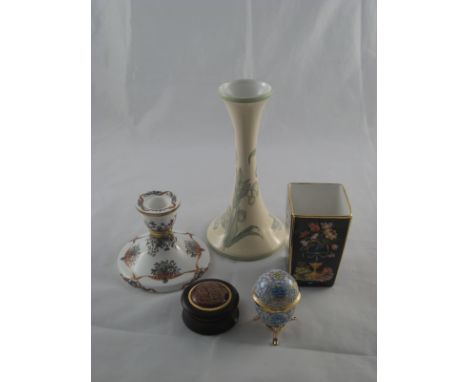 Halcyon Days. A tall slim "Green Hellebores" vase, a "Christmas bouquets" candlestick, a pietra Dura pencil vase, a turned ha