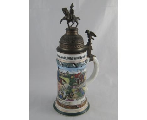 A German retirement bierstein, the pewter lid with mounted cavalry officer and crowned eagle, the body with lithograph cavalr