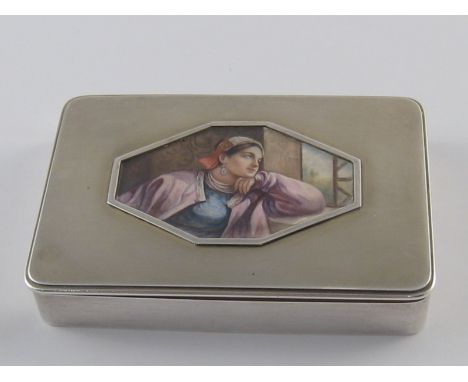 A Russian silver parcel gilt box, the lid with octagonal panel with en plein enamel of a woman daydreaming by a window. S. Sa