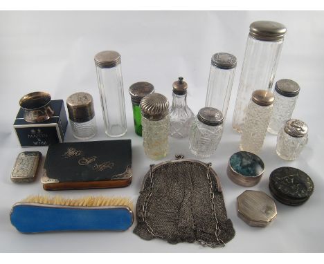 A mixed lot of silver and silver plate mounted items including eleven dressing table bottles, a book of common prayer, an ena