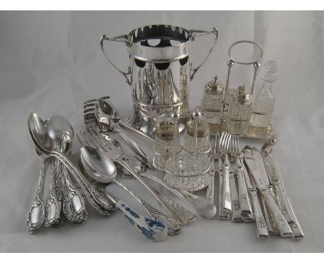 A quantity of silver plate, including an Art Nouveau syphon stand,two cruets, a lemon crush, flatware etc.