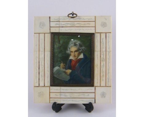 A portrait miniature of Ludwig van Beethoven composing the Missa Solemnis, signed Stieler, in ivorine frame. Miniature 5.5x7c
