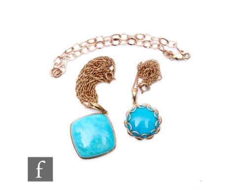 Two 9ct mounted turquoise pendants each suspended from a 9ct chain, with a 9ct bracelet, total weight 15.5g. (3) 