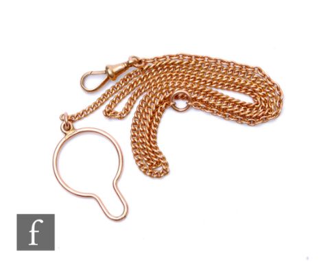 An early 20th Century 9ct rose gold fine curb watch chain, weight 11.5g, length 54cm, terminating in button loop and end swiv