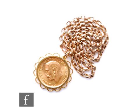 A George V full sovereign dated 1913, loose to a 9ct pendant mount and suspended from a 9ct belcher chain, total weight 15.5g