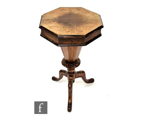 A Victorian walnut octagonal work table, fitted interior on carved tripod legs, width 43cm