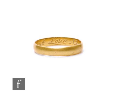 A gold finger or posy ring circa AD 1600-1700, plain shaped band with the internal description 'noe Recompence but Love' [sic