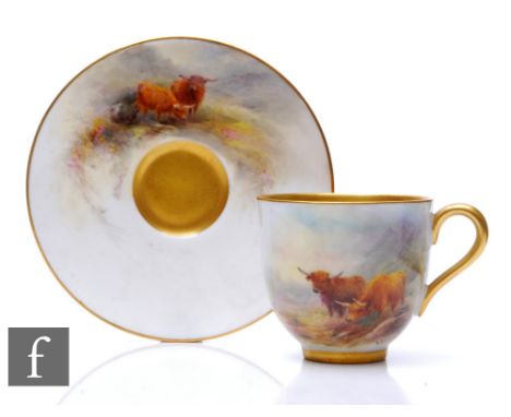 A Royal Worcester cabinet coffee can and saucer, hand painted by Harry Stinton to the saucer and cup with Highland cattle to 