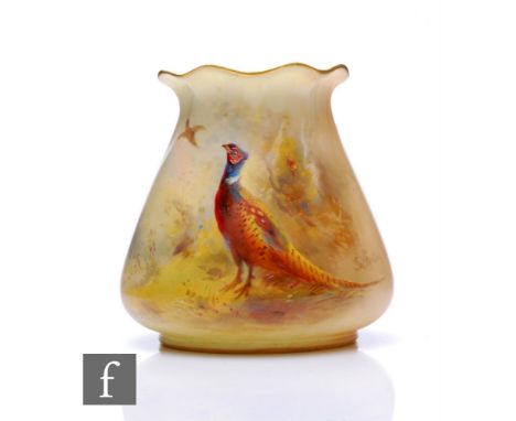 A small Royal Worcester posy vase, shape number G957, the tapered ovoid body with frill rim, hand painted by James Stinton wi